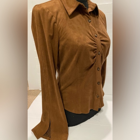 F.L.Malik Women’s Brown L/S Suede Stretch Button Up w/Collar Bell Sleeves Top S - Picture 4 of 16
